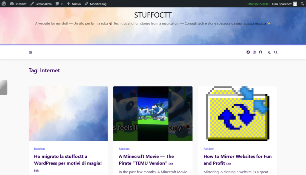Schermata del sito nuovo così come costruito, per la pagina https://stuff.octt.eu.org/tag/internet dopo aver pubblicato questo articolo, così per far vedere un po' il layout